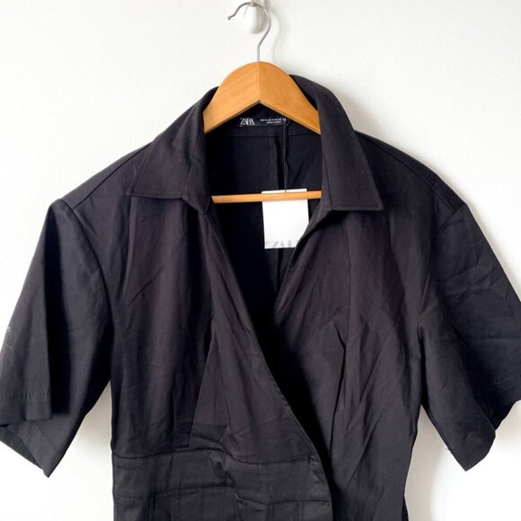 Zara Stretch Poplin Short Sleeve Pleated Tennis Mini Dress NWT Black Sz Medium - Picture 5 of 9